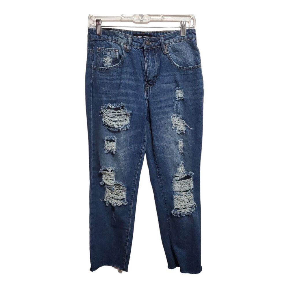 Almost Famous Jeans Boyfriend Distressed Juniors Size 3 Blue Medium Wash NEW